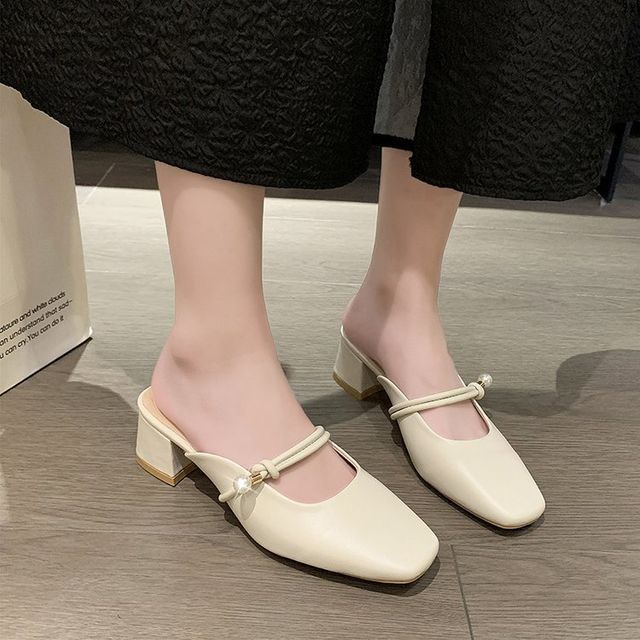 Faux Pearl Chunky Heel Mules - Plain