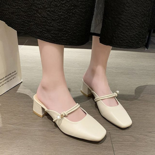 Faux Pearl Chunky Heel Mules - Plain