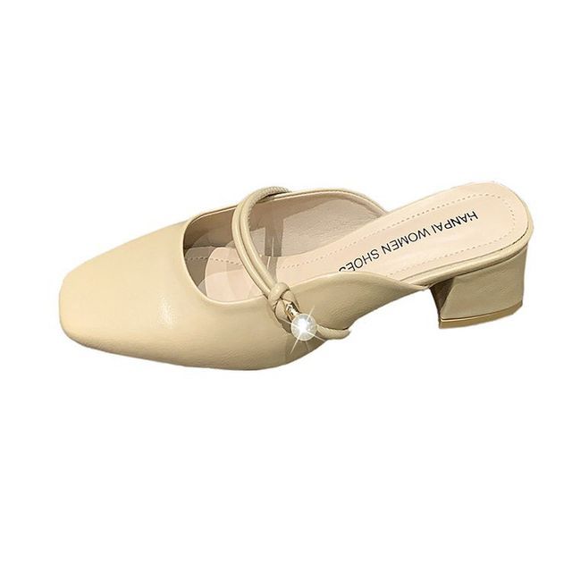 Faux Pearl Chunky Heel Mules - Plain
