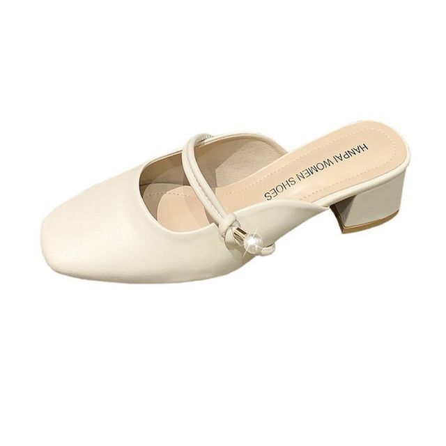 Faux Pearl Chunky Heel Mules - Plain