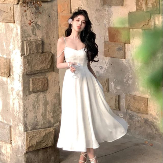 Rhinestone Satin Midi A-Line Dress with Thin Straps