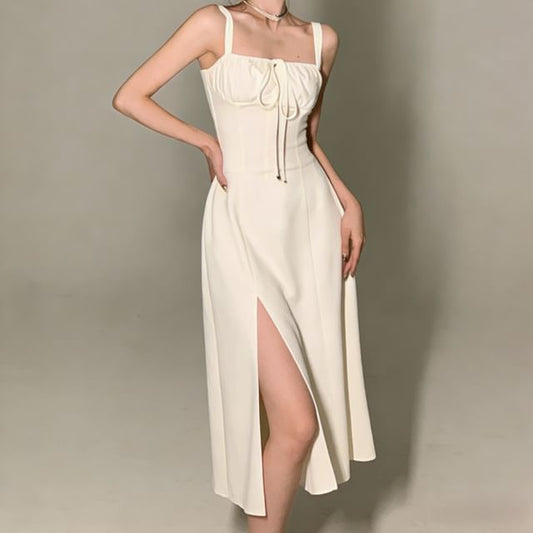 Square Neck Slit Midi A-Line Dress with Thin Straps