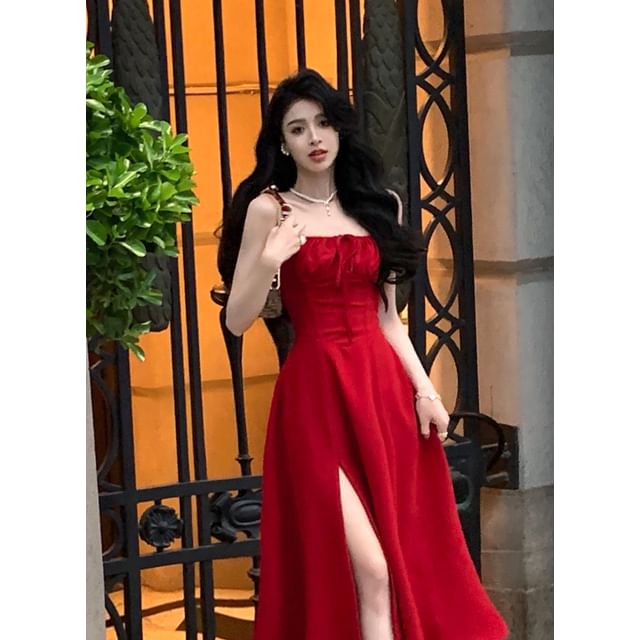 Square Neck Slit Midi A-Line Dress with Thin Straps