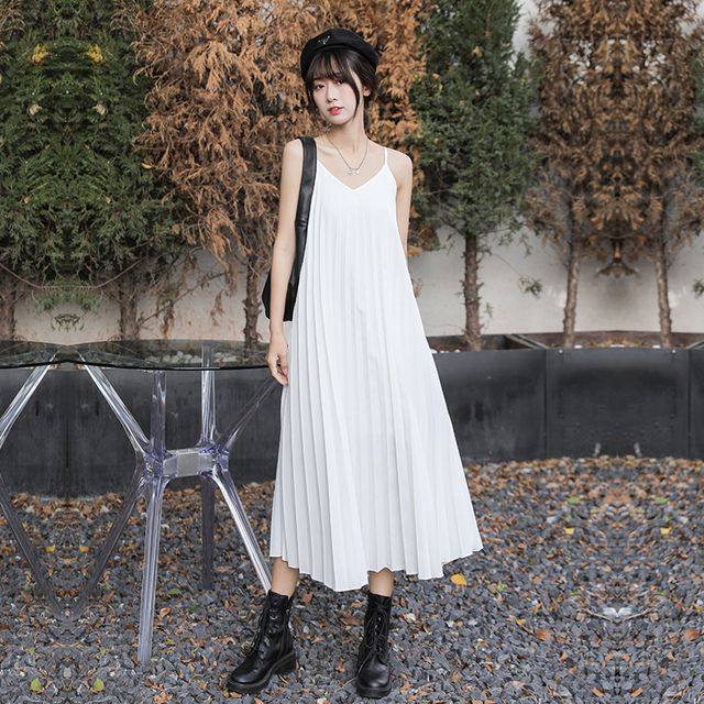 Accordion Pleat Midi A-Line Dress with Thin Straps