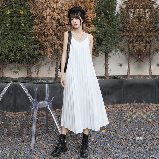 Accordion Pleat Midi A-Line Dress with Thin Straps