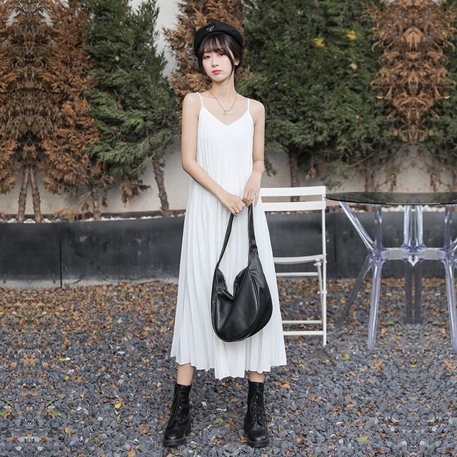 Accordion Pleat Midi A-Line Dress with Thin Straps