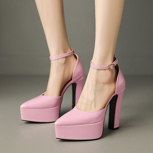 Pointy Toe Platform Chunky Heel Sandals - Ankle Strap