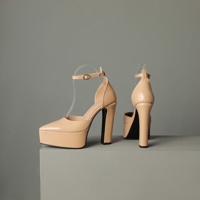 Pointy Toe Platform Chunky Heel Sandals - Ankle Strap