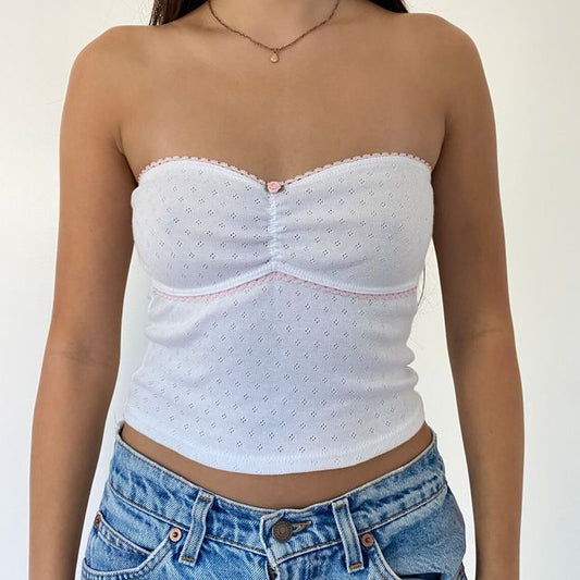 Contrast Lace Trim Pointelle Tube Top