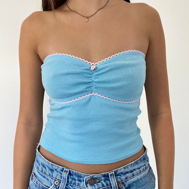 Contrast Lace Trim Pointelle Tube Top