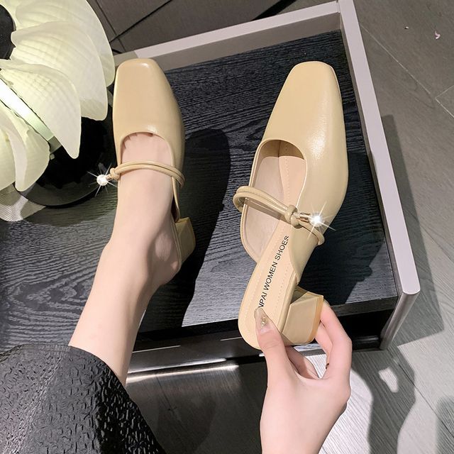 Faux Pearl Chunky Heel Mules - Elegant