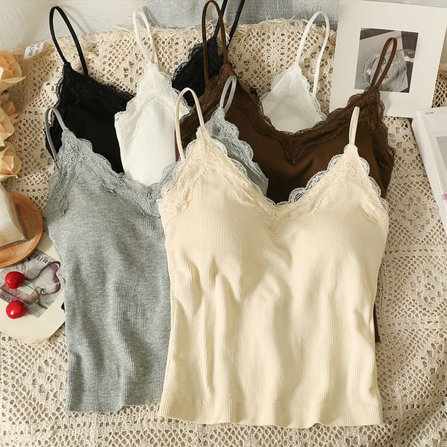 Lace-Trim Camisole with Pads in Multiple Colors