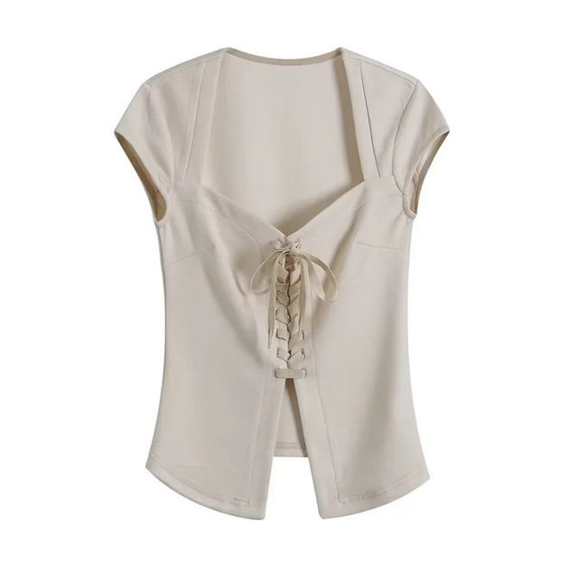 Short Sleeve Square Neck Lace-Up Fitted Crop Top