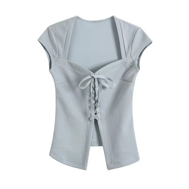 Short Sleeve Square Neck Lace-Up Fitted Crop Top