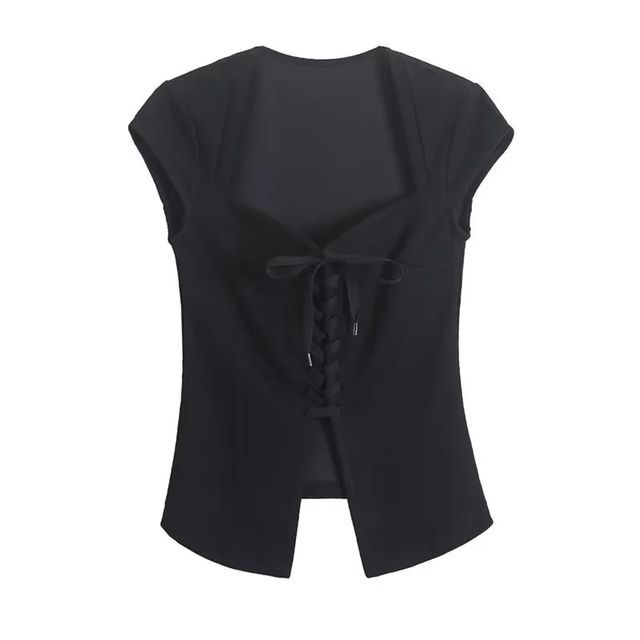 Short Sleeve Square Neck Lace-Up Fitted Crop Top