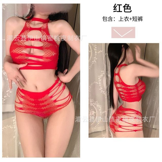 Halter Fishnet Crop Top with Thong, Pearl Chain, Stockings Set