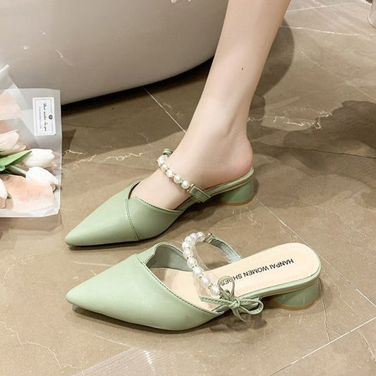 Low Heel Faux Pearl Strap Mules - Dainty