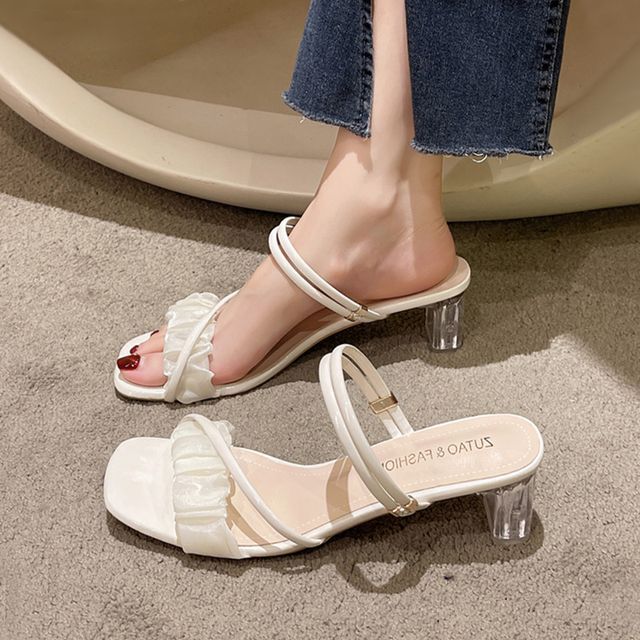 Shirred Slide Sandals - Chunky Heel