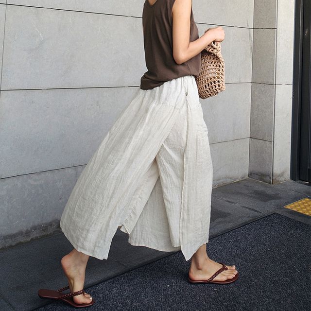 Elastic Waist Slit Midi Skirt with Mock Two-Piece Look