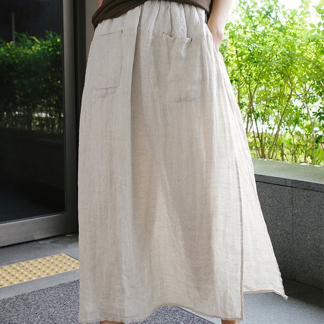 Elastic Waist Slit Midi Skirt with Mock Two-Piece Look