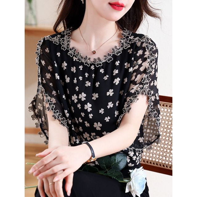 Elbow Sleeve V-Neck Lace Blouse