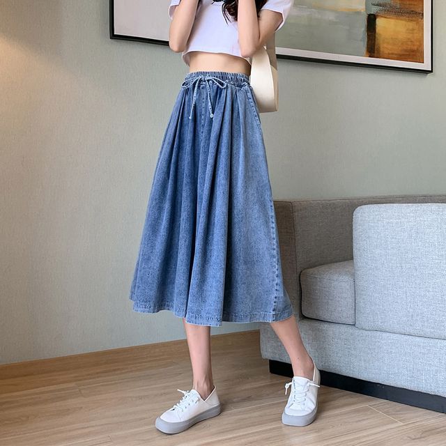 Elevated Waist Washed Denim A-Line Midi Skirt