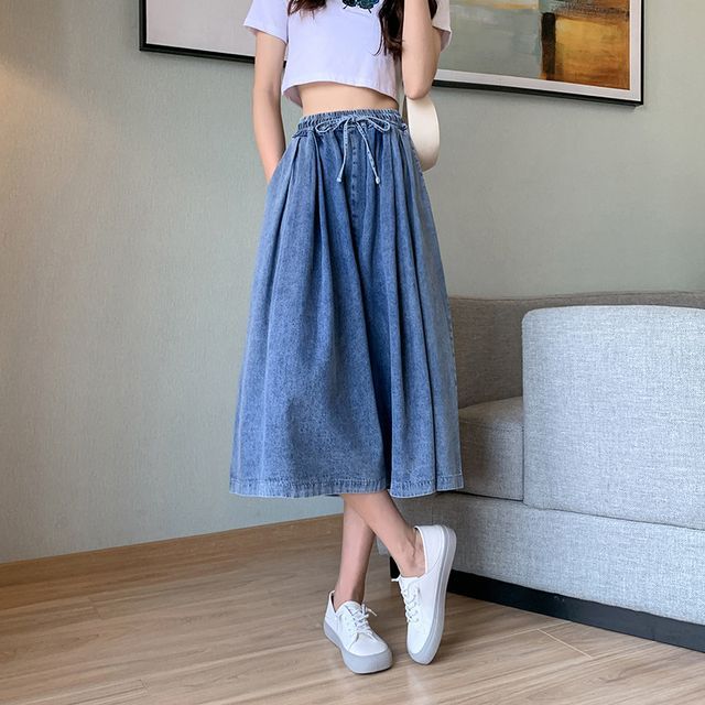 Elevated Waist Washed Denim A-Line Midi Skirt