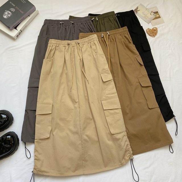 Elevated Waist Solid Cargo A-Line Midi Skirt