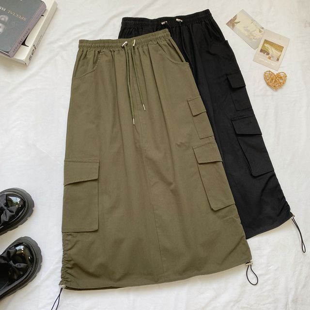 Elevated Waist Solid Cargo A-Line Midi Skirt