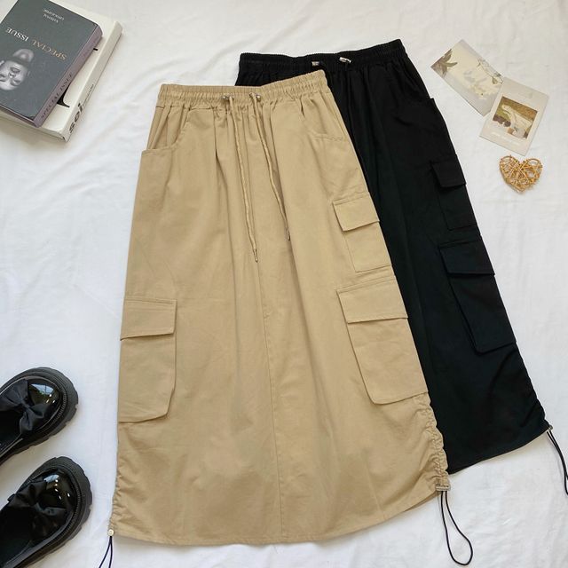 Elevated Waist Solid Cargo A-Line Midi Skirt