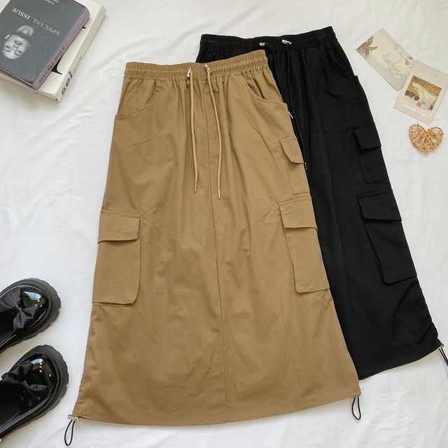 Elevated Waist Solid Cargo A-Line Midi Skirt
