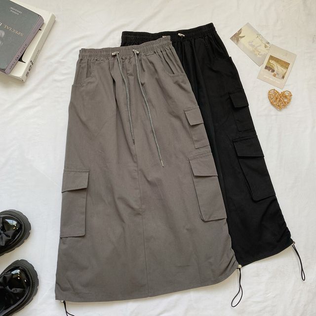 Elevated Waist Solid Cargo A-Line Midi Skirt