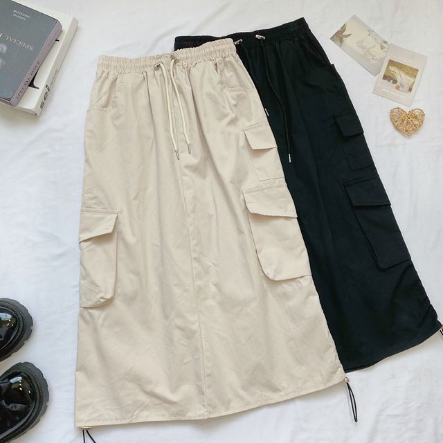 Elevated Waist Solid Cargo A-Line Midi Skirt