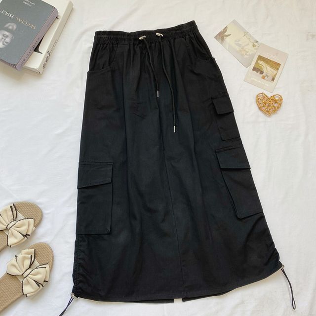 Elevated Waist Solid Cargo A-Line Midi Skirt