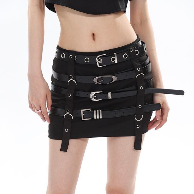 Low Rise Belted Pencil Mini Skirt