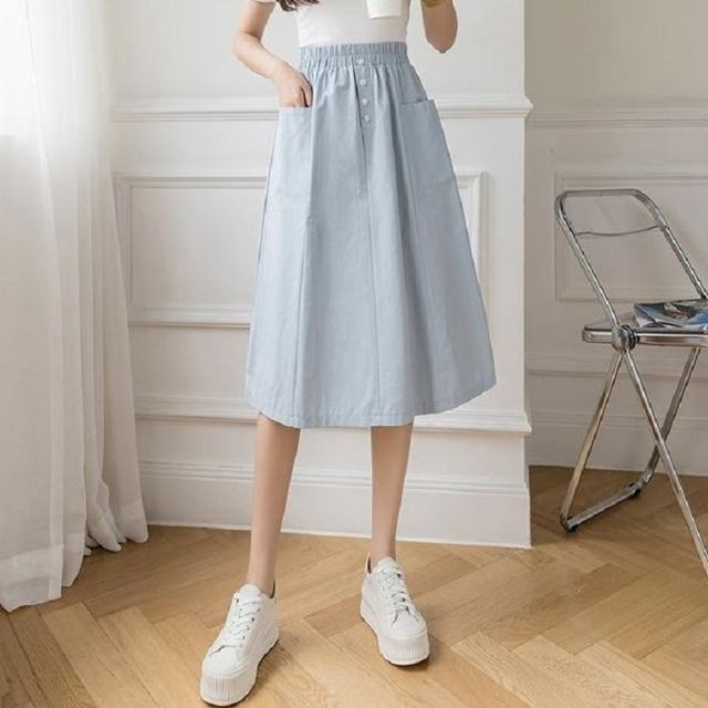 Elastic Waist Solid Button Pocket A-Line Midi Skirt