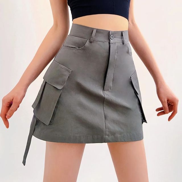 Elevated Rise Solid Pocket Cargo A-Line Mini Skirt