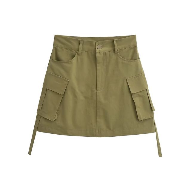 Elevated Rise Solid Pocket Cargo A-Line Mini Skirt