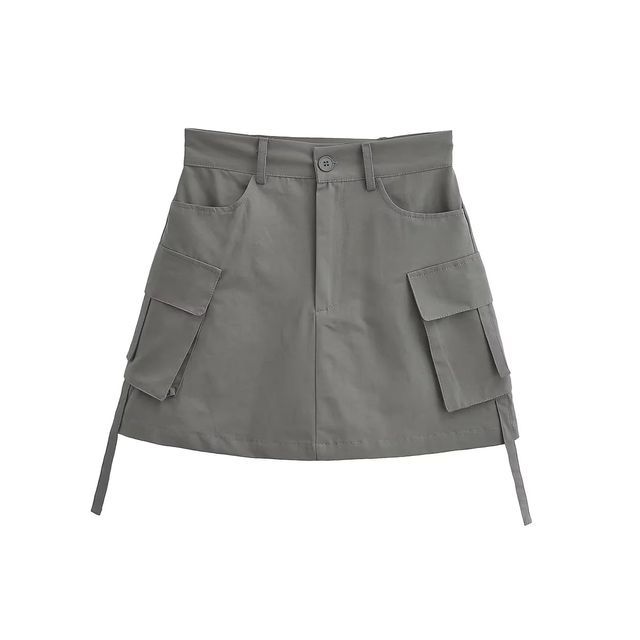 Elevated Rise Solid Pocket Cargo A-Line Mini Skirt