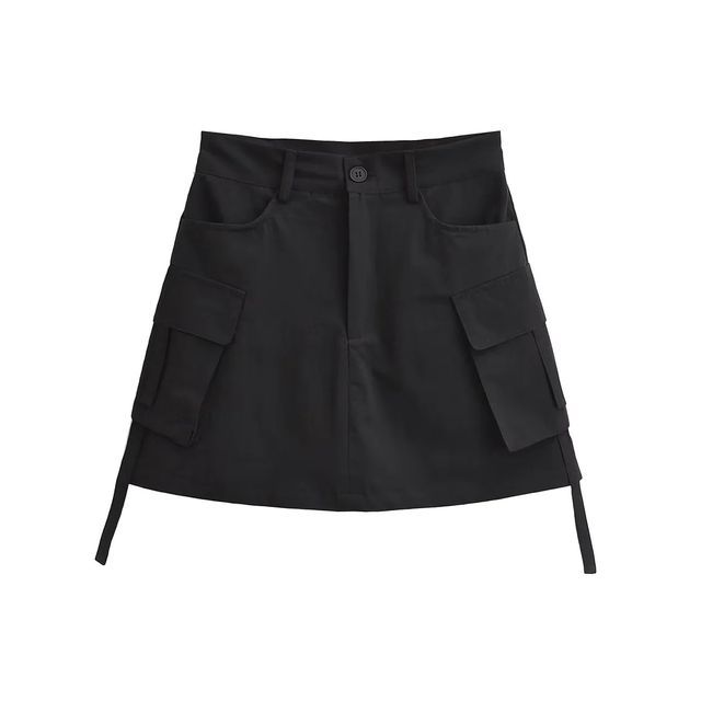 Elevated Rise Solid Pocket Cargo A-Line Mini Skirt