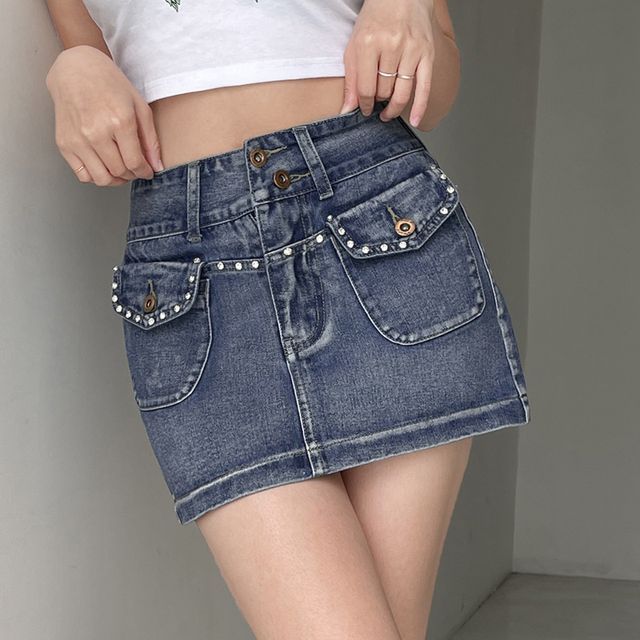Mid Waist Studded Denim Mini Skirt
