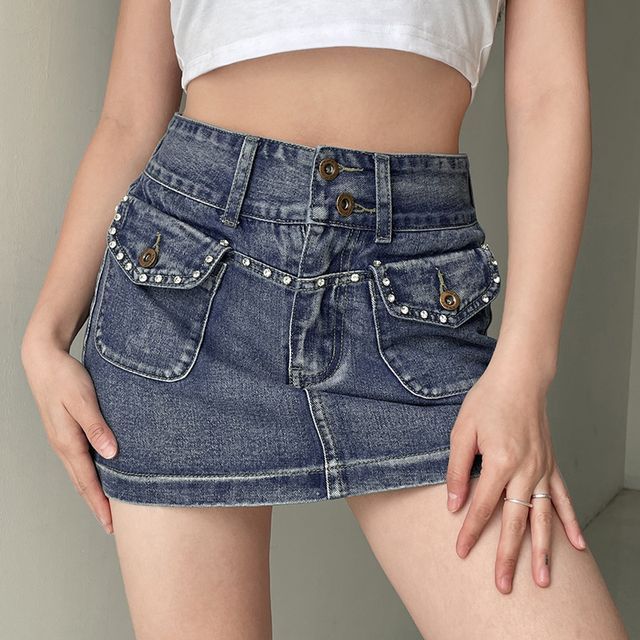 Mid Waist Studded Denim Mini Skirt