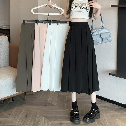 Pleated Midi A-Line Skirt with High-Rise Solid Fabric