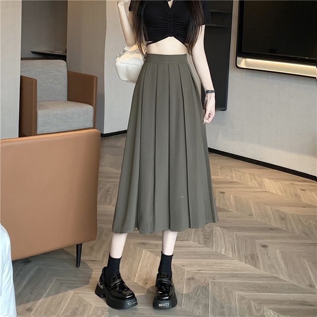 Pleated Midi A-Line Skirt with High-Rise Solid Fabric