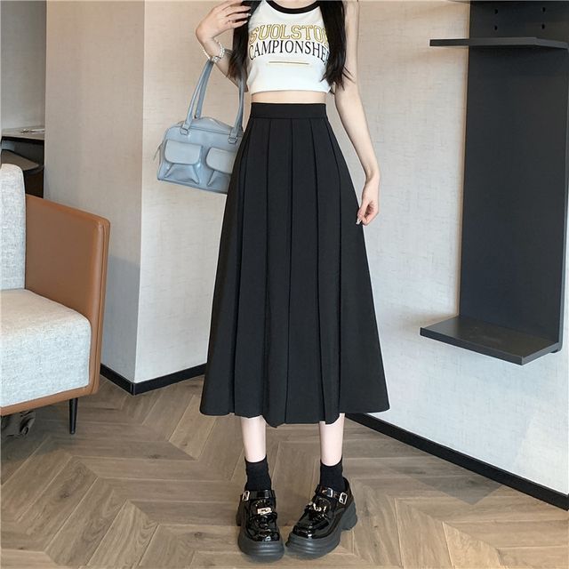 Pleated Midi A-Line Skirt with High-Rise Solid Fabric