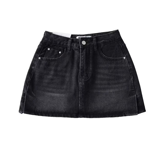 Elevated Rise Slit Denim A-Line Mini Skirt