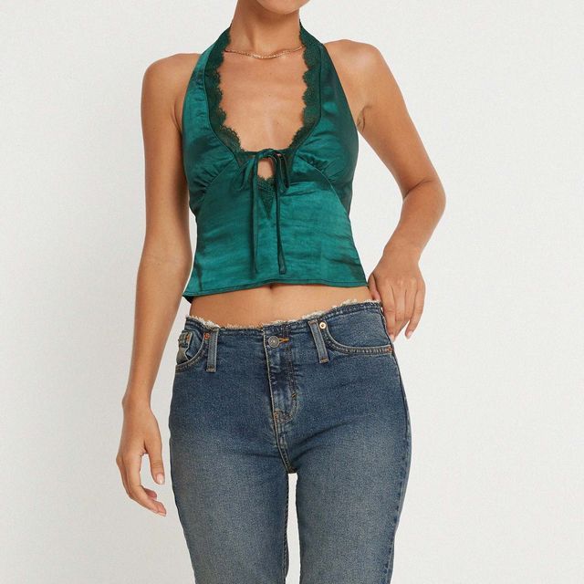Halter Bow Accent Lace-Trim Crop Top