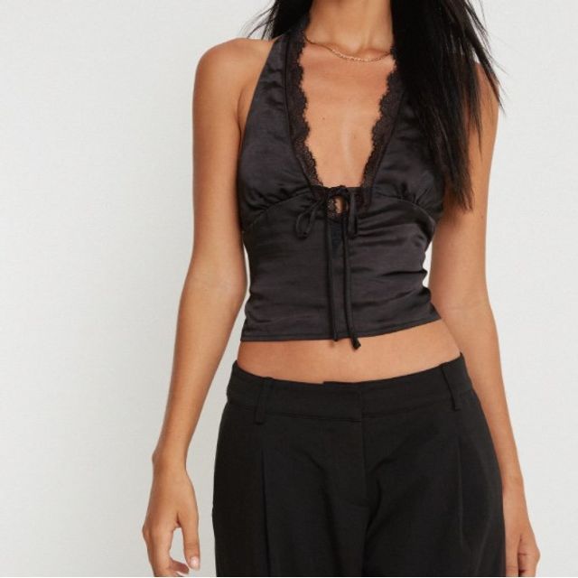 Halter Bow Accent Lace-Trim Crop Top