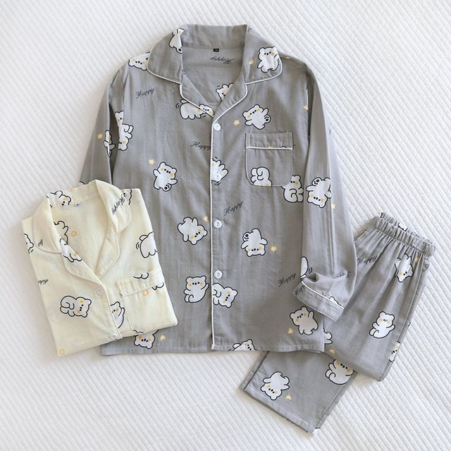 Couple Matching Pajama Set: Long-Sleeve Cartoon Print Button Top + Pants (Various Designs)