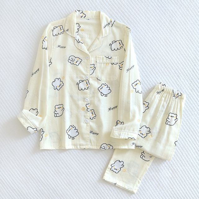 Couple Matching Pajama Set: Long-Sleeve Cartoon Print Button Top + Pants (Various Designs)